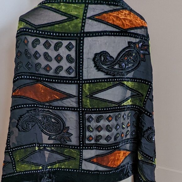 Vintage Scarf Shawl Velvet Fringe Stain Glass Sheer Paisley Festival Boho - Picture 3 of 8